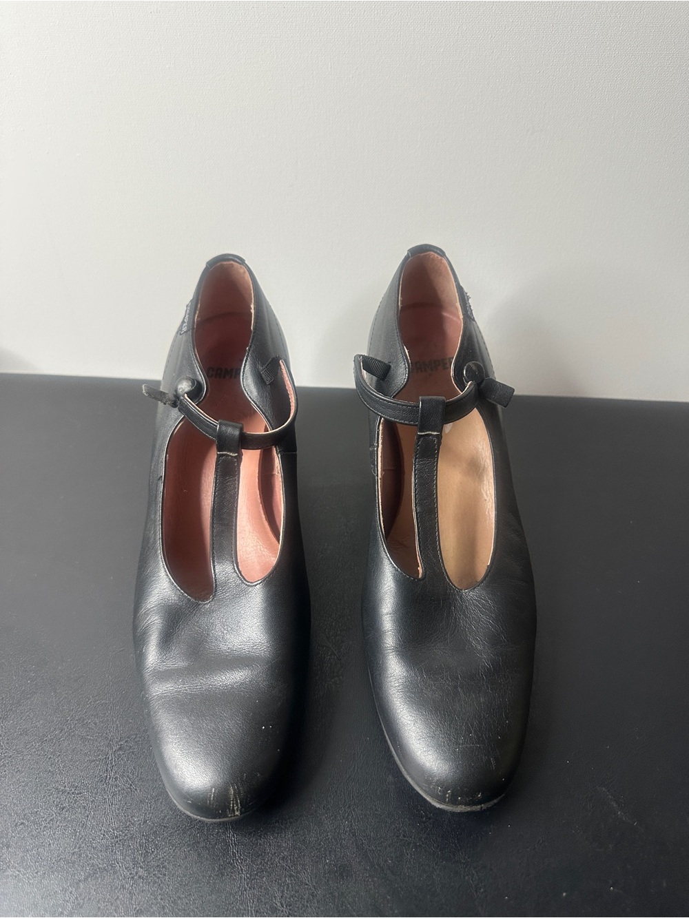 CAMPER Classic black leather T-strap heels. 
Comfortable kitten heels